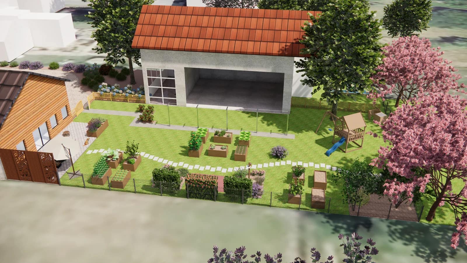 Vue d’ensemble d’un projet d’aménagement paysager avec terrasse, carrés potagers, espace de jeu et verger à Sarrebourg.