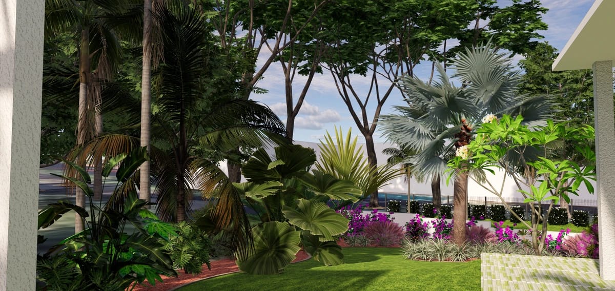 Vue vers l’entrée d’un jardin tropical en Martinique Vue vers l’entrée d’un jardin tropical en Martinique