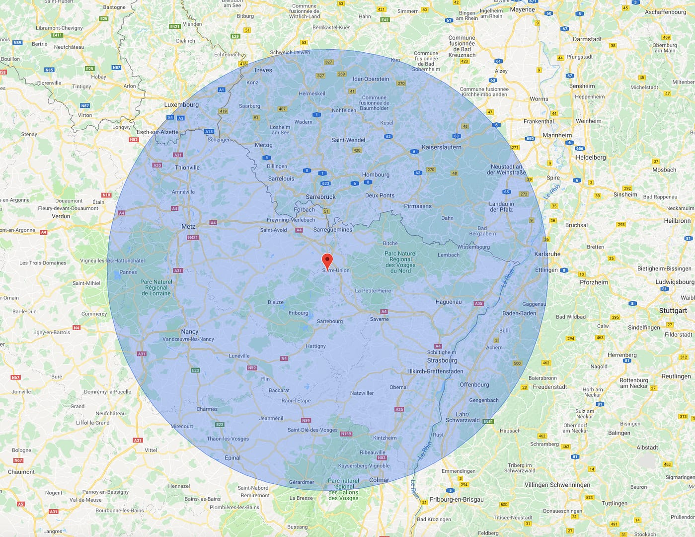 Rayon de déplacement de J com Jardin de 100 km autour du bureau d'études
