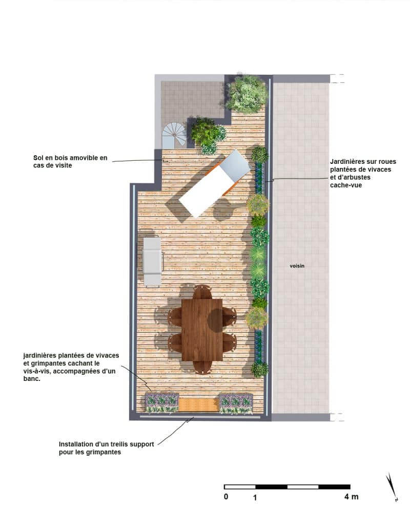 Plan de masse pour expliquer l'aménagement proposé de la terrasse à Montrouge